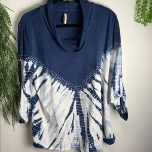 Blue and White Tie-Dye Cowl Neck Top